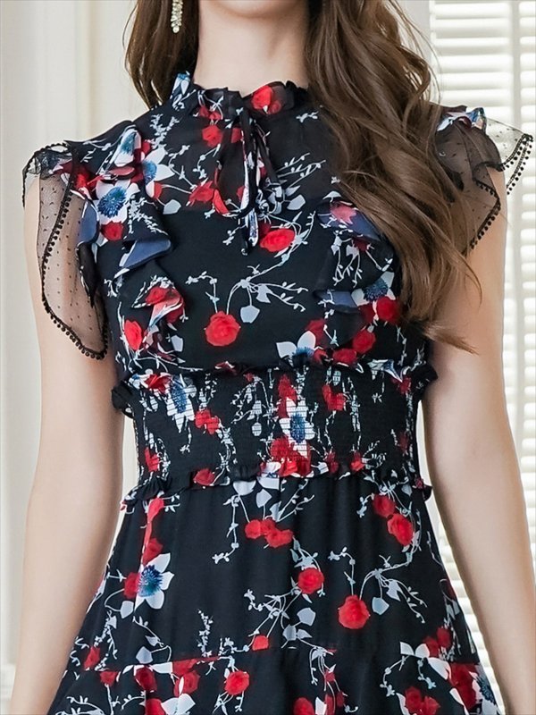 画像4: [送料無料][SETTAN]ブラック×レッド・ネイビー×イエロー・ブラック×オレンジ・ティアード・フリル・プチハイネック・ミディアムドレス・ワンピース[即日発送][大きいサイズあり] (4)