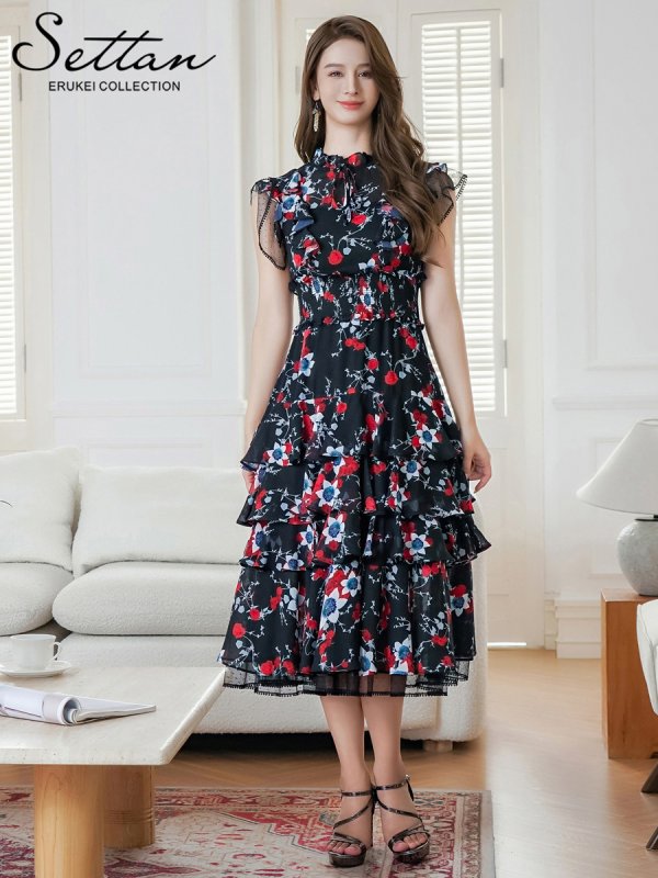 画像5: [送料無料][SETTAN]ブラック×レッド・ネイビー×イエロー・ブラック×オレンジ・ティアード・フリル・プチハイネック・ミディアムドレス・ワンピース[即日発送][大きいサイズあり] (5)