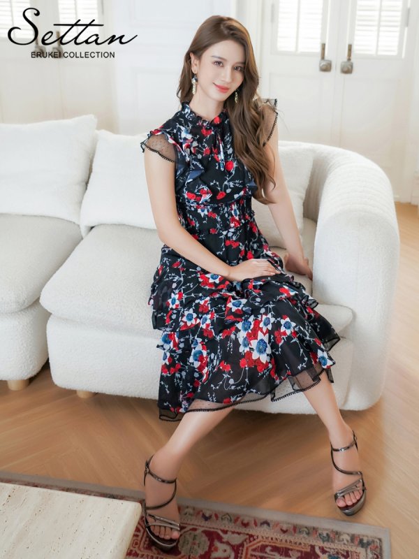 画像6: [送料無料][SETTAN]ブラック×レッド・ネイビー×イエロー・ブラック×オレンジ・ティアード・フリル・プチハイネック・ミディアムドレス・ワンピース[即日発送][大きいサイズあり] (6)