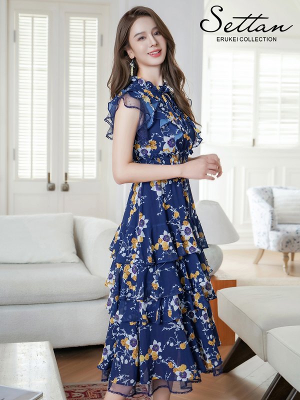 画像8: [送料無料][SETTAN]ブラック×レッド・ネイビー×イエロー・ブラック×オレンジ・ティアード・フリル・プチハイネック・ミディアムドレス・ワンピース[即日発送][大きいサイズあり] (8)