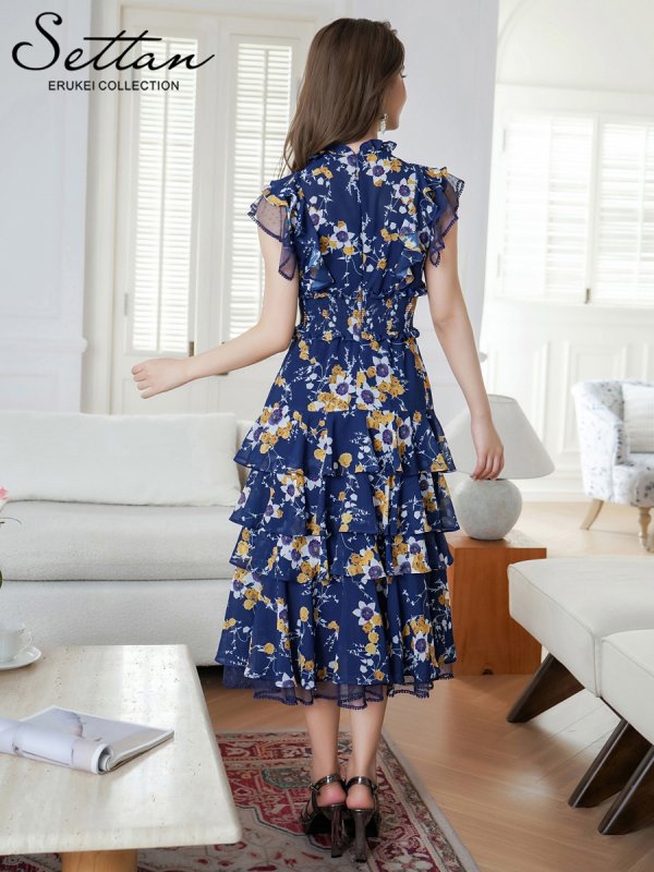 画像9: [送料無料][SETTAN]ブラック×レッド・ネイビー×イエロー・ブラック×オレンジ・ティアード・フリル・プチハイネック・ミディアムドレス・ワンピース[即日発送][大きいサイズあり] (9)