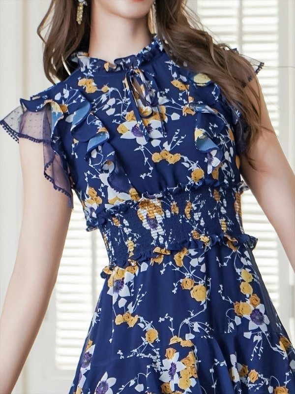 画像10: [送料無料][SETTAN]ブラック×レッド・ネイビー×イエロー・ブラック×オレンジ・ティアード・フリル・プチハイネック・ミディアムドレス・ワンピース[即日発送][大きいサイズあり] (10)