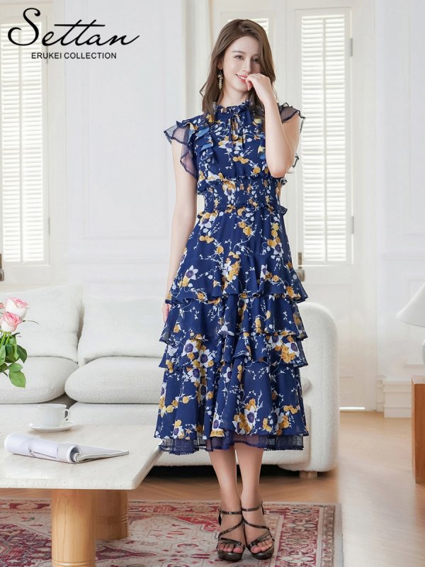 画像11: [送料無料][SETTAN]ブラック×レッド・ネイビー×イエロー・ブラック×オレンジ・ティアード・フリル・プチハイネック・ミディアムドレス・ワンピース[即日発送][大きいサイズあり] (11)