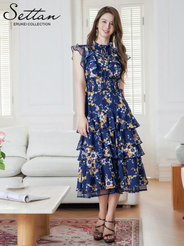 画像12: [送料無料][SETTAN]ブラック×レッド・ネイビー×イエロー・ブラック×オレンジ・ティアード・フリル・プチハイネック・ミディアムドレス・ワンピース[即日発送][大きいサイズあり] (12)