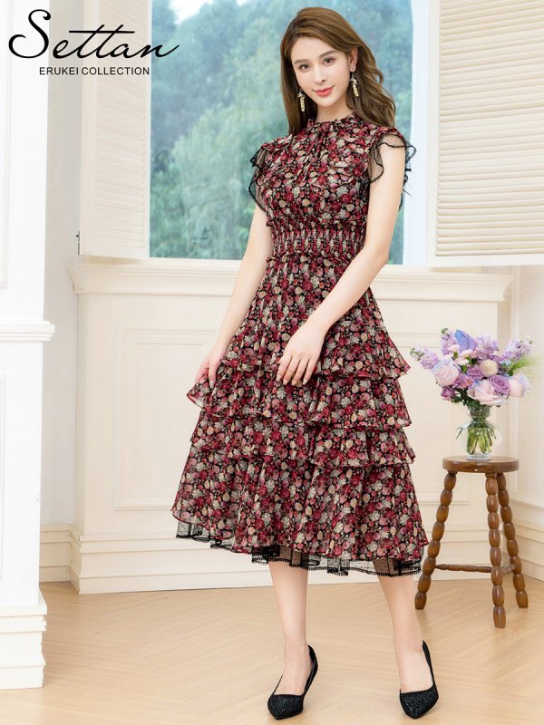 画像5: [送料無料][SETTAN]ブラック×レッド・花柄・プリント・シフォン・プチハイネック・フリルスリーブ・ティアード・Aライン・ミディアムドレス・ワンピース・ワンピース[即日発送][大きいサイズあり] (5)