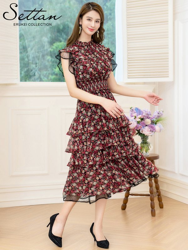 画像6: [送料無料][SETTAN]ブラック×レッド・花柄・プリント・シフォン・プチハイネック・フリルスリーブ・ティアード・Aライン・ミディアムドレス・ワンピース・ワンピース[即日発送][大きいサイズあり] (6)