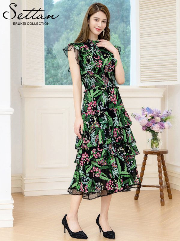 画像2: [送料無料][SETTAN]ブラック×グリーン・花柄・ティアードフリル・Aライン・レースポイント・ミディアムドレス・ワンピース・ワンピース[即日発送][大きいサイズあり] (2)