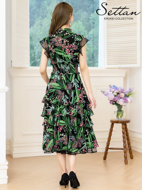 画像3: [送料無料][SETTAN]ブラック×グリーン・花柄・ティアードフリル・Aライン・レースポイント・ミディアムドレス・ワンピース・ワンピース[即日発送][大きいサイズあり] (3)