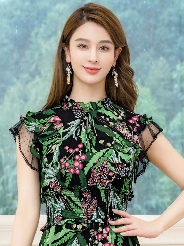 画像4: [送料無料][SETTAN]ブラック×グリーン・花柄・ティアードフリル・Aライン・レースポイント・ミディアムドレス・ワンピース・ワンピース[即日発送][大きいサイズあり] (4)