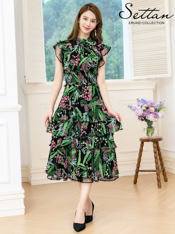 画像5: [送料無料][SETTAN]ブラック×グリーン・花柄・ティアードフリル・Aライン・レースポイント・ミディアムドレス・ワンピース・ワンピース[即日発送][大きいサイズあり] (5)