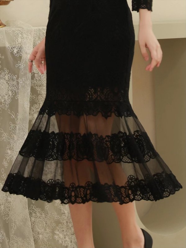 画像3: [送料無料][SETTAN]ブラック・レッド・グリーン・Vネック・七分袖・マーメイド・ミモレ丈・ミディアムドレス・ワンピース[即日発送][大きいサイズあり] (3)