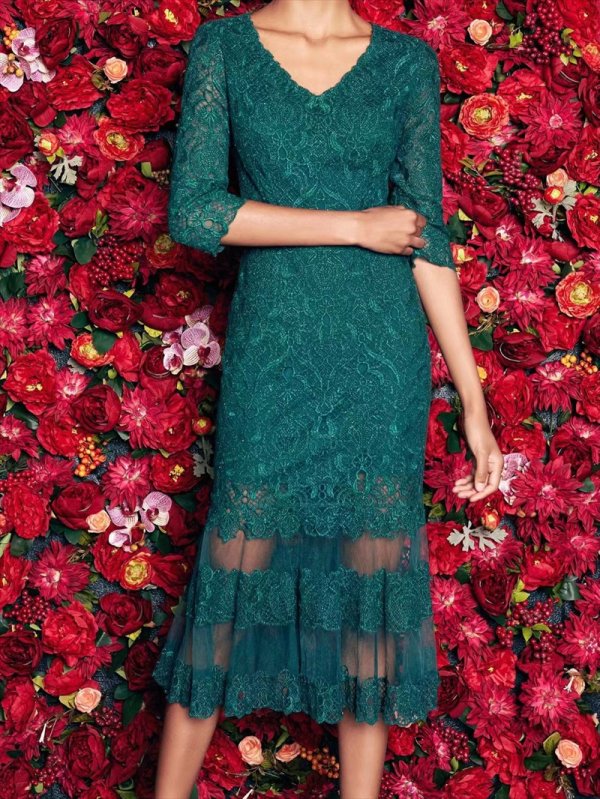 画像12: [送料無料][SETTAN]ブラック・レッド・グリーン・Vネック・七分袖・マーメイド・ミモレ丈・ミディアムドレス・ワンピース[即日発送][大きいサイズあり] (12)