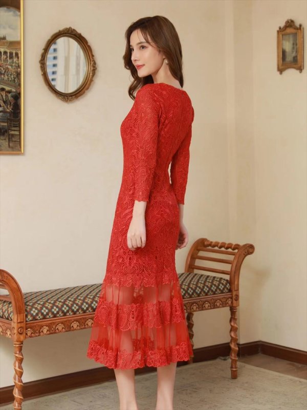 画像7: [送料無料][SETTAN]ブラック・レッド・グリーン・Vネック・七分袖・マーメイド・ミモレ丈・ミディアムドレス・ワンピース[即日発送][大きいサイズあり] (7)