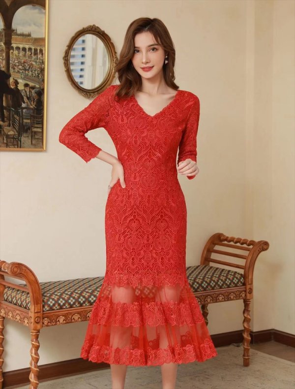 画像8: [送料無料][SETTAN]ブラック・レッド・グリーン・Vネック・七分袖・マーメイド・ミモレ丈・ミディアムドレス・ワンピース[即日発送][大きいサイズあり] (8)