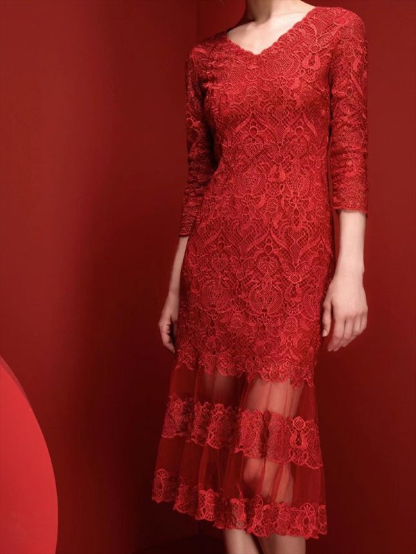 画像11: [送料無料][SETTAN]ブラック・レッド・グリーン・Vネック・七分袖・マーメイド・ミモレ丈・ミディアムドレス・ワンピース[即日発送][大きいサイズあり] (11)