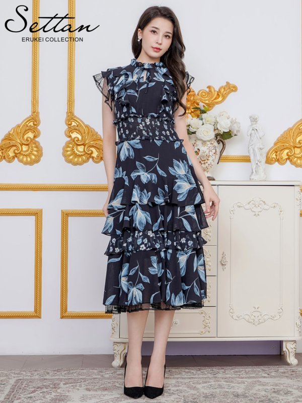 画像1: [送料無料][SETTAN]ブラック×ブルー・ホワイト×ブルー・花柄・プリント・シフォン・プチハイネック・フリルスリーブ・ティアード・Aライン・ミディアムドレス・ワンピース[即日発送][大きいサイズあり] (1)