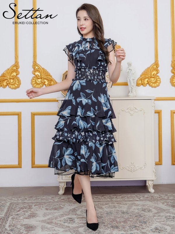 画像2: [送料無料][SETTAN]ブラック×ブルー・ホワイト×ブルー・花柄・プリント・シフォン・プチハイネック・フリルスリーブ・ティアード・Aライン・ミディアムドレス・ワンピース[即日発送][大きいサイズあり] (2)