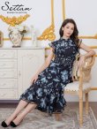 画像6: [送料無料][SETTAN]ブラック×ブルー・ホワイト×ブルー・花柄・プリント・シフォン・プチハイネック・フリルスリーブ・ティアード・Aライン・ミディアムドレス・ワンピース[即日発送][大きいサイズあり] (6)