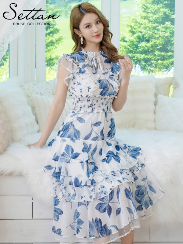 画像1: [送料無料][SETTAN]ホワイト×ブルー・ブラック×ブルー・花柄・プリント・シフォン・プチハイネック・フリルスリーブ・ティアード・Aライン・ミディアムドレス・ワンピース[即日発送][大きいサイズあり] (1)