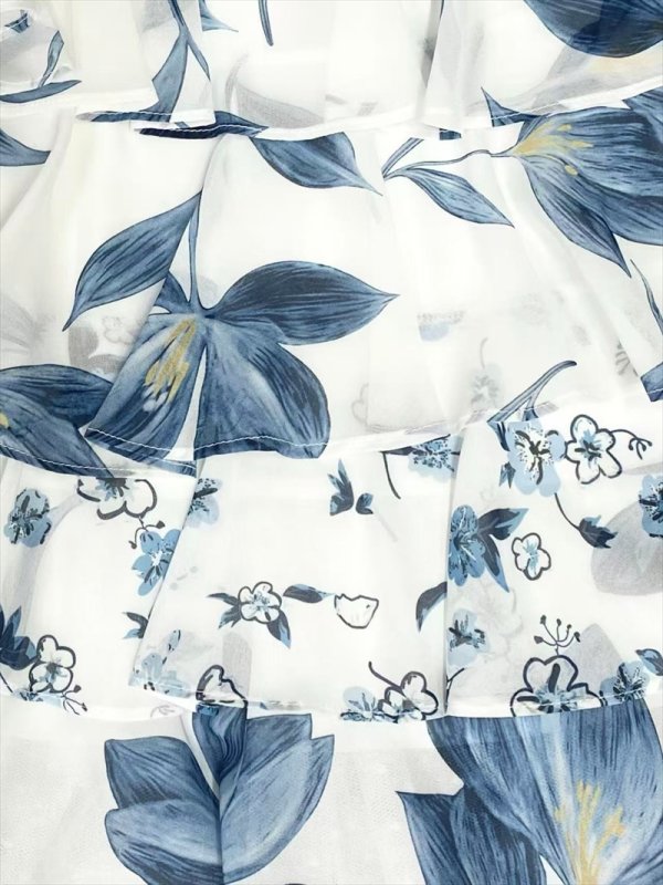 画像7: [送料無料][SETTAN]ブラック×ブルー・ホワイト×ブルー・花柄・プリント・シフォン・プチハイネック・フリルスリーブ・ティアード・Aライン・ミディアムドレス・ワンピース[即日発送][大きいサイズあり] (7)