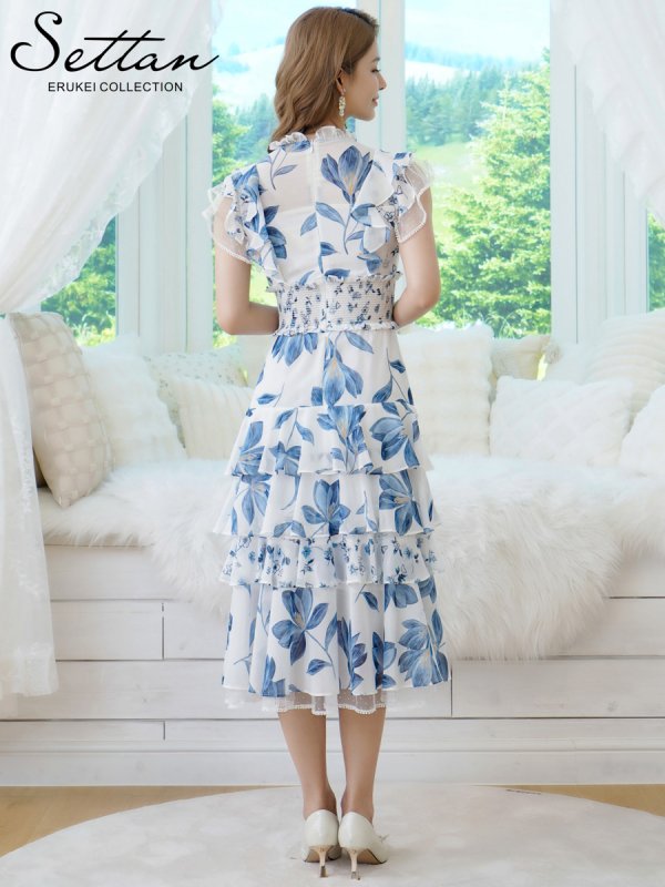 画像3: [送料無料][SETTAN]ホワイト×ブルー・ブラック×ブルー・花柄・プリント・シフォン・プチハイネック・フリルスリーブ・ティアード・Aライン・ミディアムドレス・ワンピース[即日発送][大きいサイズあり] (3)