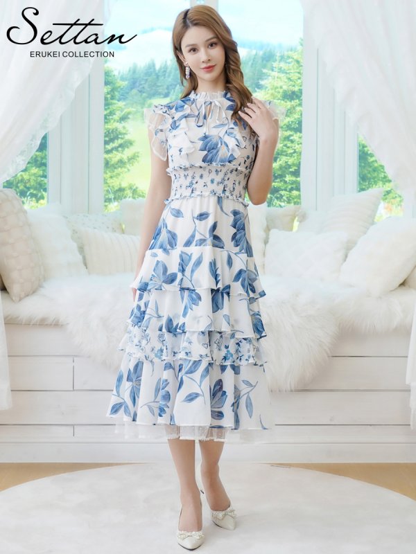 画像5: [送料無料][SETTAN]ホワイト×ブルー・ブラック×ブルー・花柄・プリント・シフォン・プチハイネック・フリルスリーブ・ティアード・Aライン・ミディアムドレス・ワンピース[即日発送][大きいサイズあり] (5)