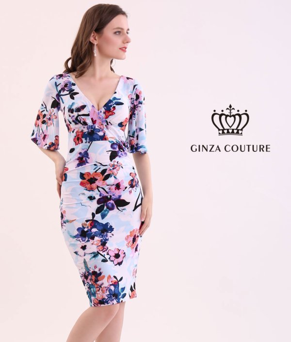 画像2: [送料無料][GINZA COUTURE]ピンク・ブルー・カシュクール風・リボン・花柄・パステル・五分袖・ミニドレス・ワンピース[即日発送][大きいサイズあり] (2)