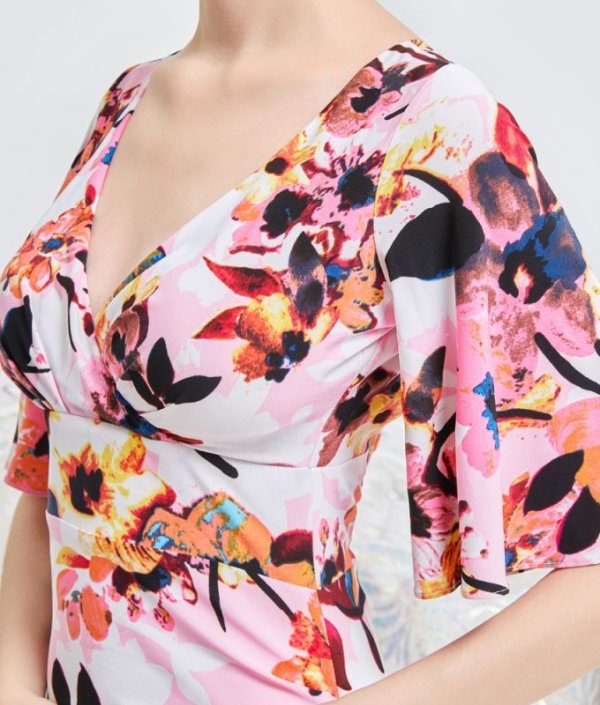 画像12: [送料無料][GINZA COUTURE]ピンク・ブルー・カシュクール風・リボン・花柄・パステル・五分袖・ミニドレス・ワンピース[即日発送][大きいサイズあり] (12)