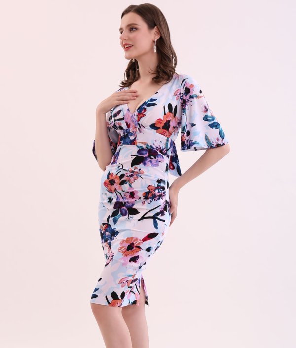 画像4: [送料無料][GINZA COUTURE]ピンク・ブルー・カシュクール風・リボン・花柄・パステル・五分袖・ミニドレス・ワンピース[即日発送][大きいサイズあり] (4)