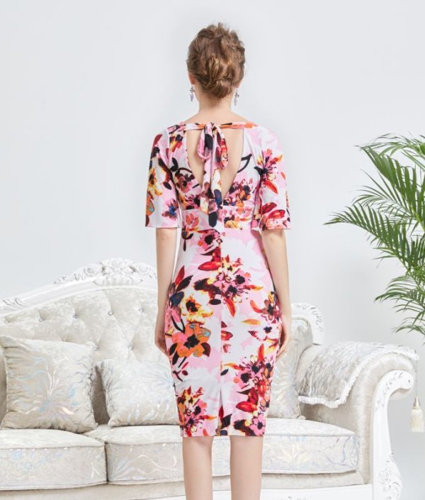 画像5: [送料無料][GINZA COUTURE]ピンク・ブルー・カシュクール風・リボン・花柄・パステル・五分袖・ミニドレス・ワンピース[即日発送][大きいサイズあり] (5)