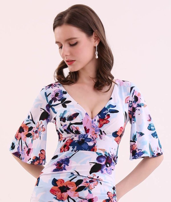 画像8: [送料無料][GINZA COUTURE]ピンク・ブルー・カシュクール風・リボン・花柄・パステル・五分袖・ミニドレス・ワンピース[即日発送][大きいサイズあり] (8)