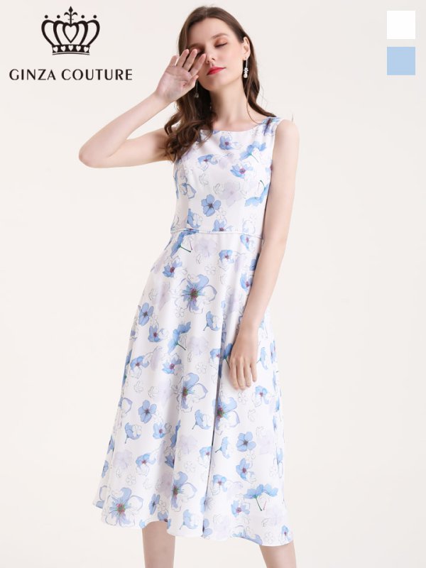 画像1: [GINZA COUTURE]ホワイト・ブルー・花柄・ウエスト切り替え・ノースリーブ・Ａライン・フレア・ミディアムドレス・ワンピース (1)