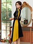画像2: [GINZACOUTURE]イエロー×ブラック・トリコロール・ ブラックレース・ アシメントリー ・七分袖 ・ミディアムドレス ・ワンピース (2)
