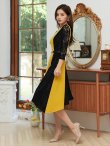 画像7: [GINZACOUTURE]イエロー×ブラック・トリコロール・ ブラックレース・ アシメントリー ・七分袖 ・ミディアムドレス ・ワンピース (7)