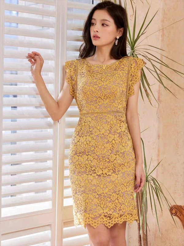 画像2: [送料無料][GINZA COUTURE]イエロー・ホワイト・ピンク・総レース・パイピング・ノースリーブ・タイト・ミニドレス・ワンピース[即日発送][大きいサイズあり] (2)