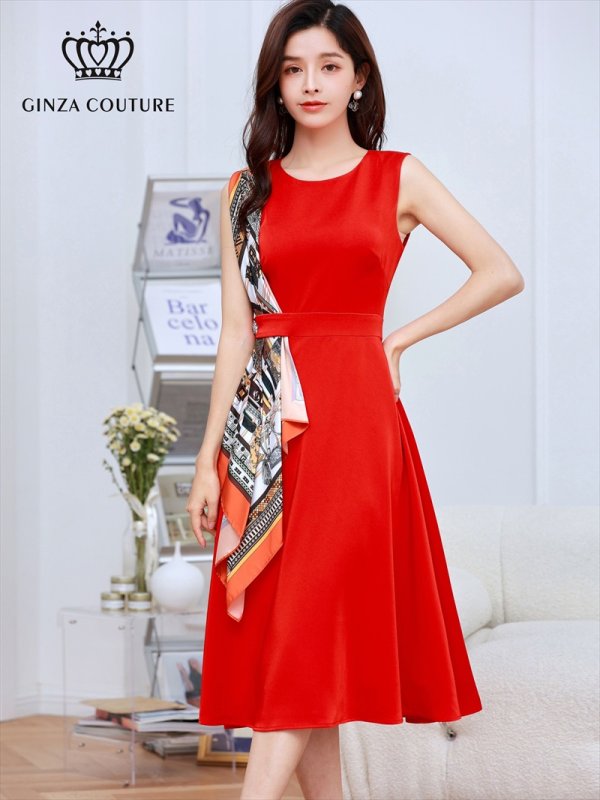 画像1: [送料無料][GINZA COUTURE]レッド・ホワイト・ブラック・ネイビー・スカーフポイント・ノースリーブ・Aライン・無地・ミディアムドレス・ワンピース[即日発送][大きいサイズあり] (1)