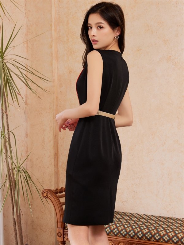画像3: [送料無料][大きいサイズあり][GINZA COUTURE]ブラック・ブラウン・ワインレッド・トリコロールカラー・ノースリーブ・タイト・ベルト付き・ミニドレス・ワンピース[即日発送][大きいサイズあり] (3)