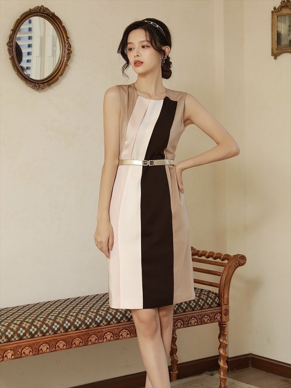 画像8: [送料無料][大きいサイズあり][GINZA COUTURE]ブラック・ブラウン・ワインレッド・トリコロールカラー・ノースリーブ・タイト・ベルト付き・ミニドレス・ワンピース[即日発送][大きいサイズあり] (8)