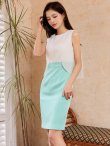 画像2: [送料無料][GINZA COUTURE]ホワイト×グリーン・レース・バイカラー・シフォン・タイト・ノースリーブ・ミニドレス・ワンピース[即日発送][大きいサイズあり] (2)