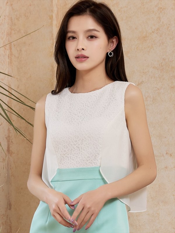 画像4: [送料無料][GINZA COUTURE]ホワイト×グリーン・レース・バイカラー・シフォン・タイト・ノースリーブ・ミディアムドレス・ワンピース[即日発送][大きいサイズあり] (4)