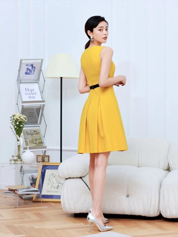 画像2: [送料無料][GINZA COUTURE]イエロー・ロイヤルブルー・ワインレッド・シンプル・Aライン・ベルト・ビジュー・ミニドレス・ワンピース[即日発送][大きいサイズあり] (2)