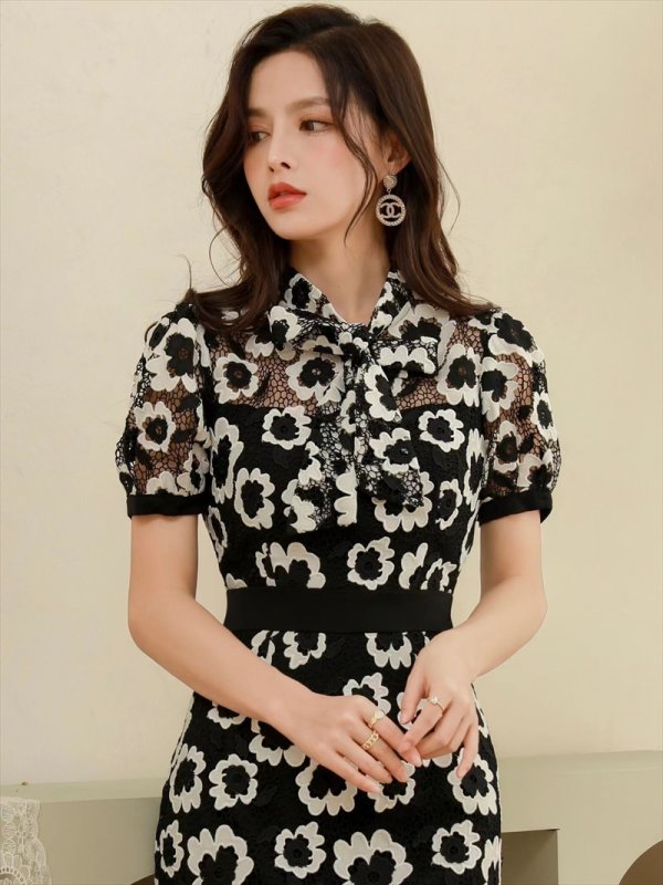 画像4: [送料無料][GINZA COUTURE]ブラック・フラワーレース・スカラップレース・首元リボン・ミディアムドレス・ワンピース[即日発送][大きいサイズあり] (4)