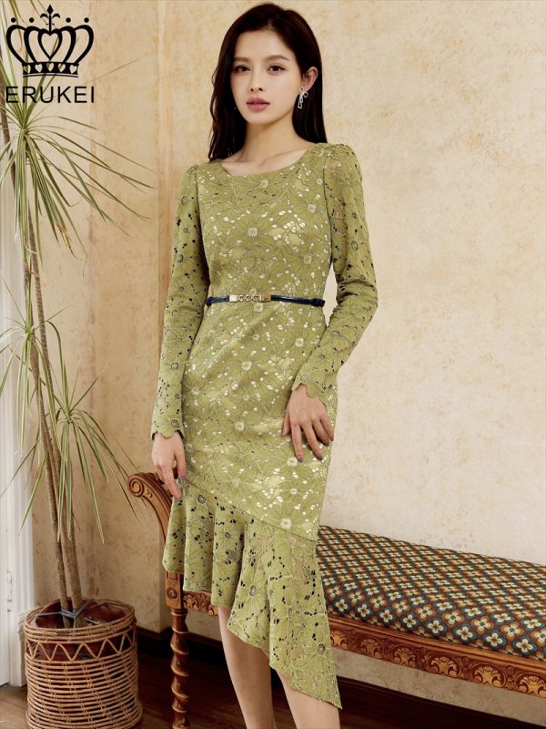 画像1: [ERUKEI]抹茶・総レース・アシンメトリー・長袖・ロングスリーブ・マーメイドライン・ミニドレス・ワンピース (1)