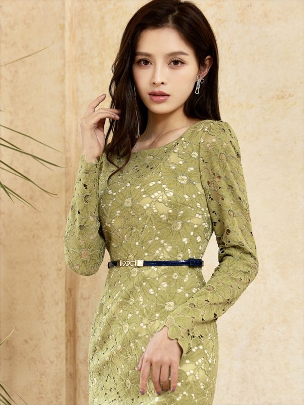 画像2: [ERUKEI]抹茶・総レース・アシンメトリー・長袖・ロングスリーブ・マーメイドライン・ミニドレス・ワンピース (2)