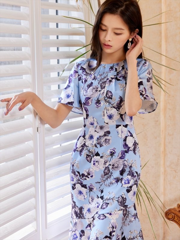 画像9: [送料無料][GINZA COUTURE]ブラック・ブルー・花柄・スリーブドレス・マーメイドライン・ミディアムドレス・ワンピース[即日発送][大きいサイズあり] (9)