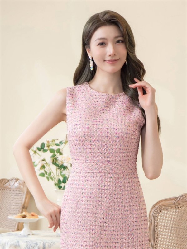 画像17: [送料無料][GINZA COUTURE]ブラック・ホワイト・ピンク・スパンコールMIX・ツイード・シンプル・ノースリーブ・タイト・ミディアムドレス・ワンピース[即日発送][大きいサイズあり] (17)