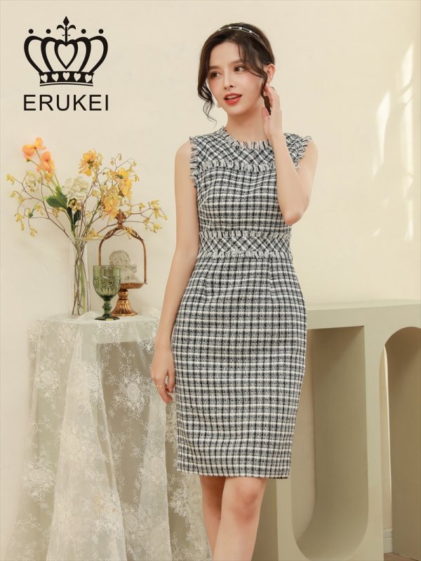 画像6: [送料無料][ERUKEI]ツイード・フリンジ・レッド・ブラック・ピンク・イエロー・ネイビー・ブルー・タイト・ミニドレス・ワンピース[即日発送][大きいサイズあり] (6)