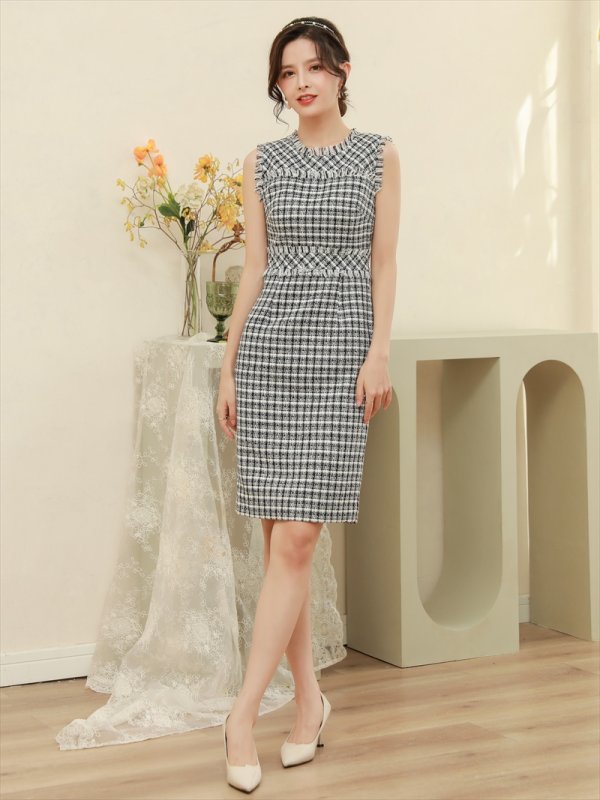 画像12: [送料無料][ERUKEI]ツイード・フリンジ・イエロー・レッド・ブラック・ピンク・ネイビー・ブルー・タイト・ミニドレス・ワンピース[即日発送][大きいサイズあり] (12)