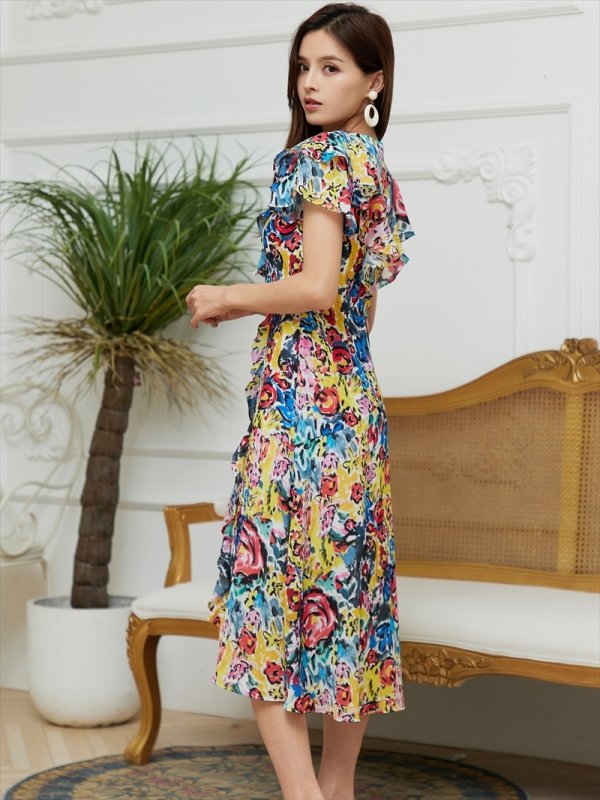 画像2: [送料無料][ERUKEI]プリント・カラフル・花柄・Vネック・フリル・Aライン・ミディアムドレス・ワンピース[即日発送][大きいサイズあり] (2)
