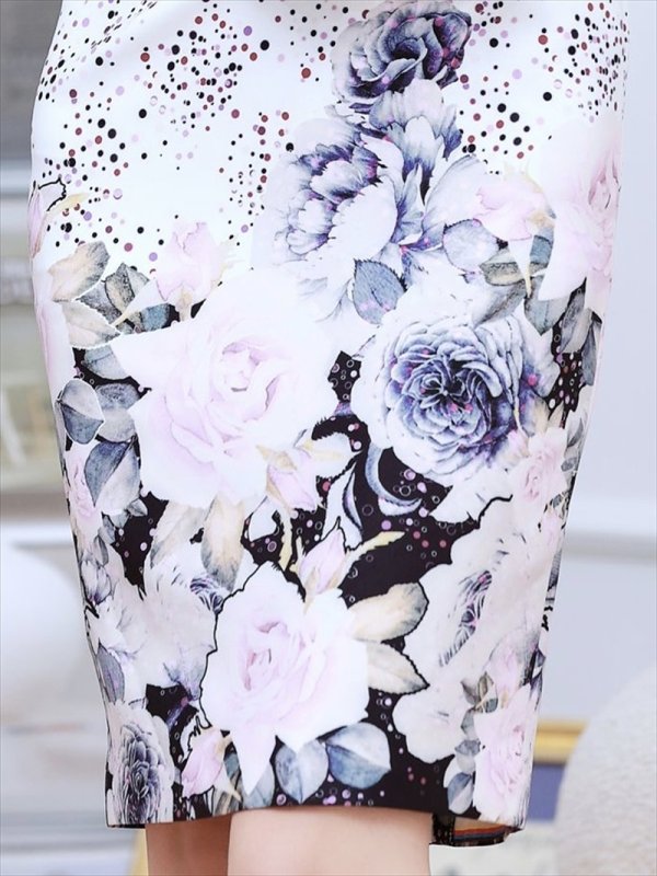 画像4: [送料無料][ERUKEI]ホワイト・プリント・花柄・フレンチスリーブ・タイト・ミディアムドレス・ワンピース[即日発送][大きいサイズあり] (4)